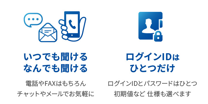 圧倒的な利便性についての説明：いつでも聞ける なんでも聞ける：電話やFAXはもちろん チャットボットやメールでも気軽に相談可能です、ログインIDとパスワードはひとつだけ＋初期値など使用も選べます