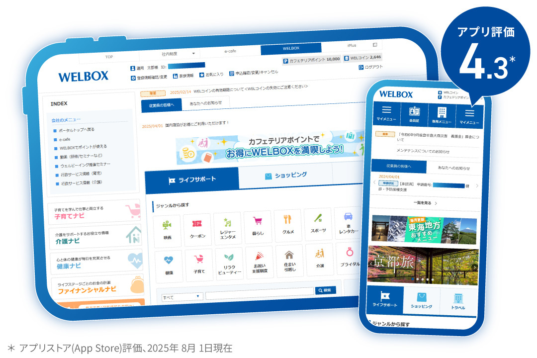 PCやタブレットでのWELBOX利用イメージ(実画面のキャプチャ画像)とスマートフォン(WELBOXアプリ)での利用イメージ。専用アプリはストア評価4.3と高評価を獲得しています。